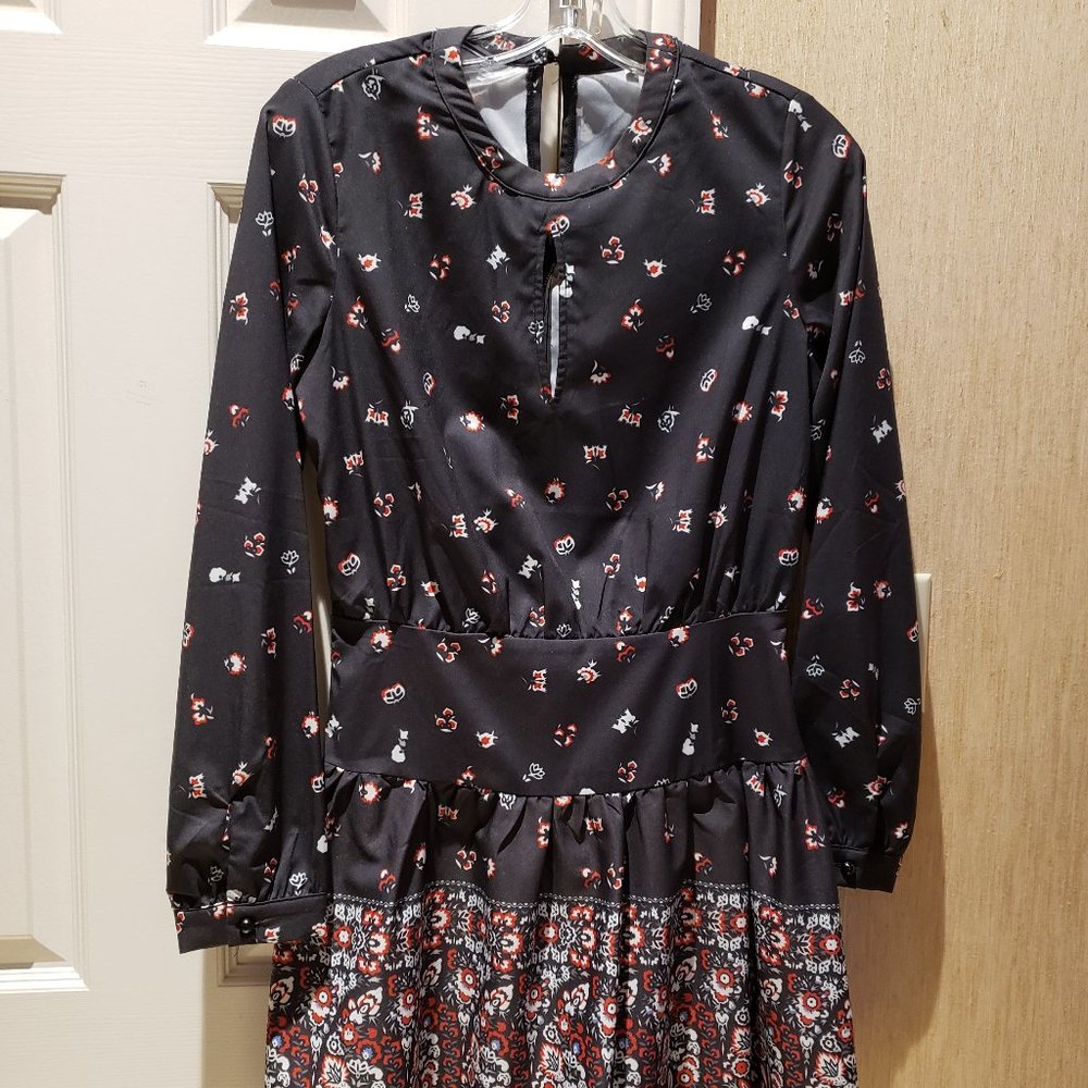 SHEIN Cute Black Print Dress with Long Sleeves that Button - Sz  Small